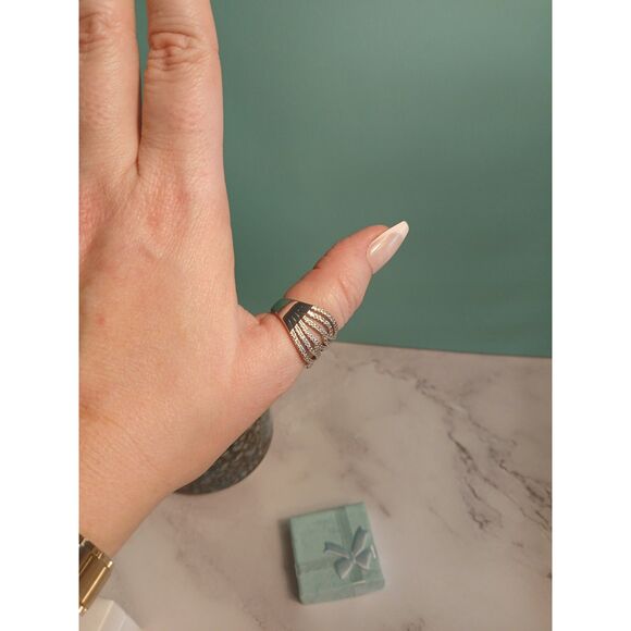 Rhodium-Plated Cubic Zirconia Criss-Cross Wide Band Cocktail Ring - Picture 7 of 11